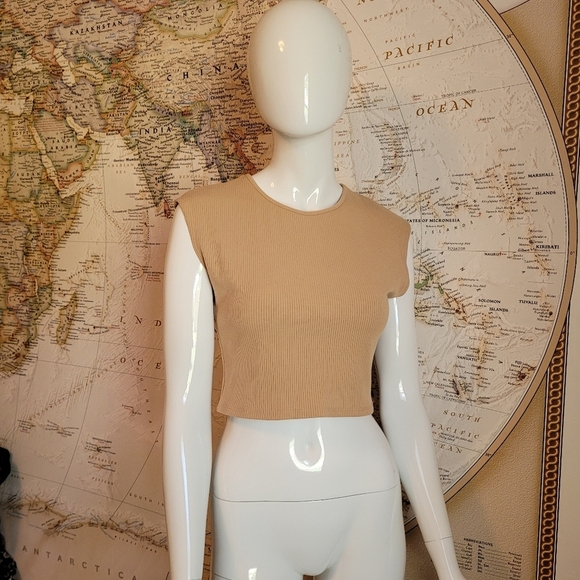 Popular 21 tan ribbed sleeveless crop top Y2K neutral knit minimalist grandma L - Picture 1 of 9